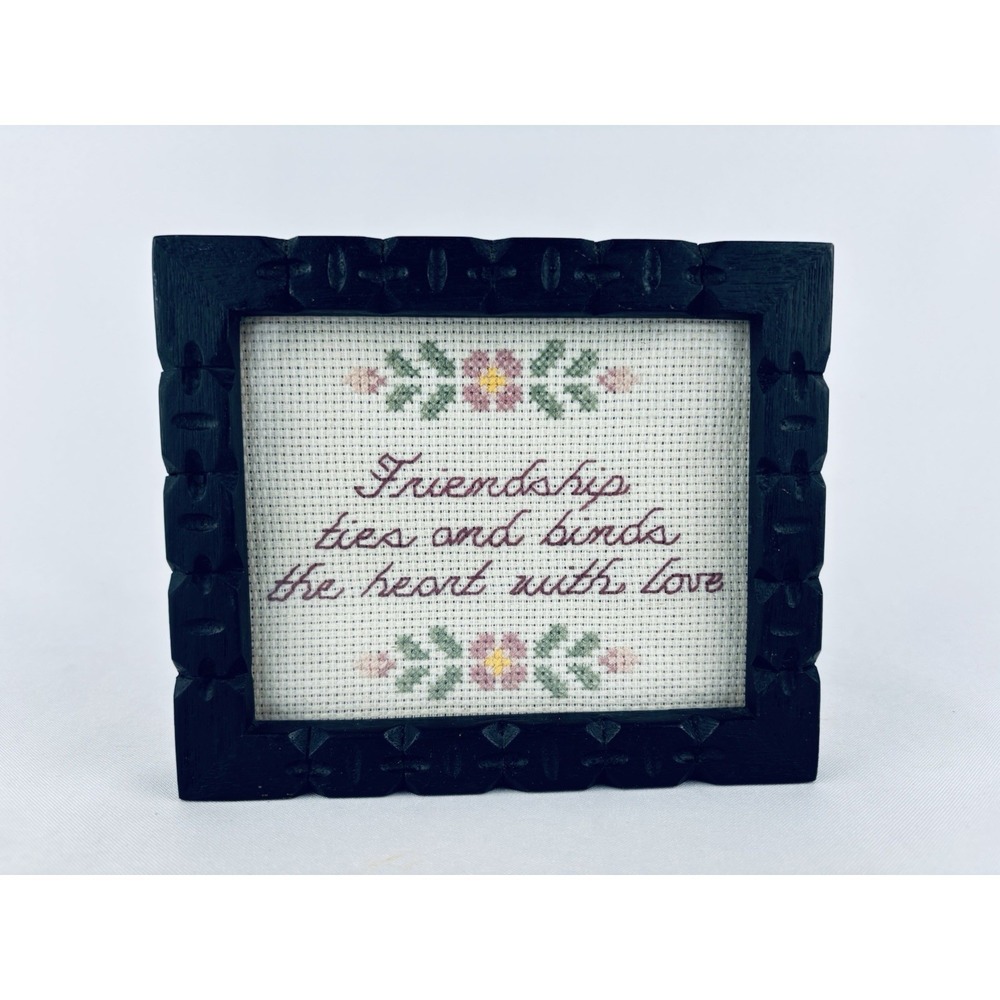 VTG Handmade Cross Stitch Wood Framed Floral Friendship Gift Cottagecore Granny‎